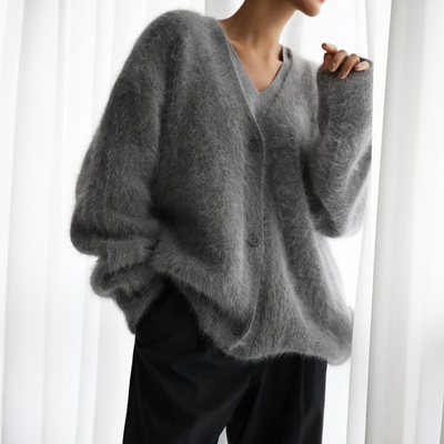 Damen Plüsch Strickjacke mit Knöpfen