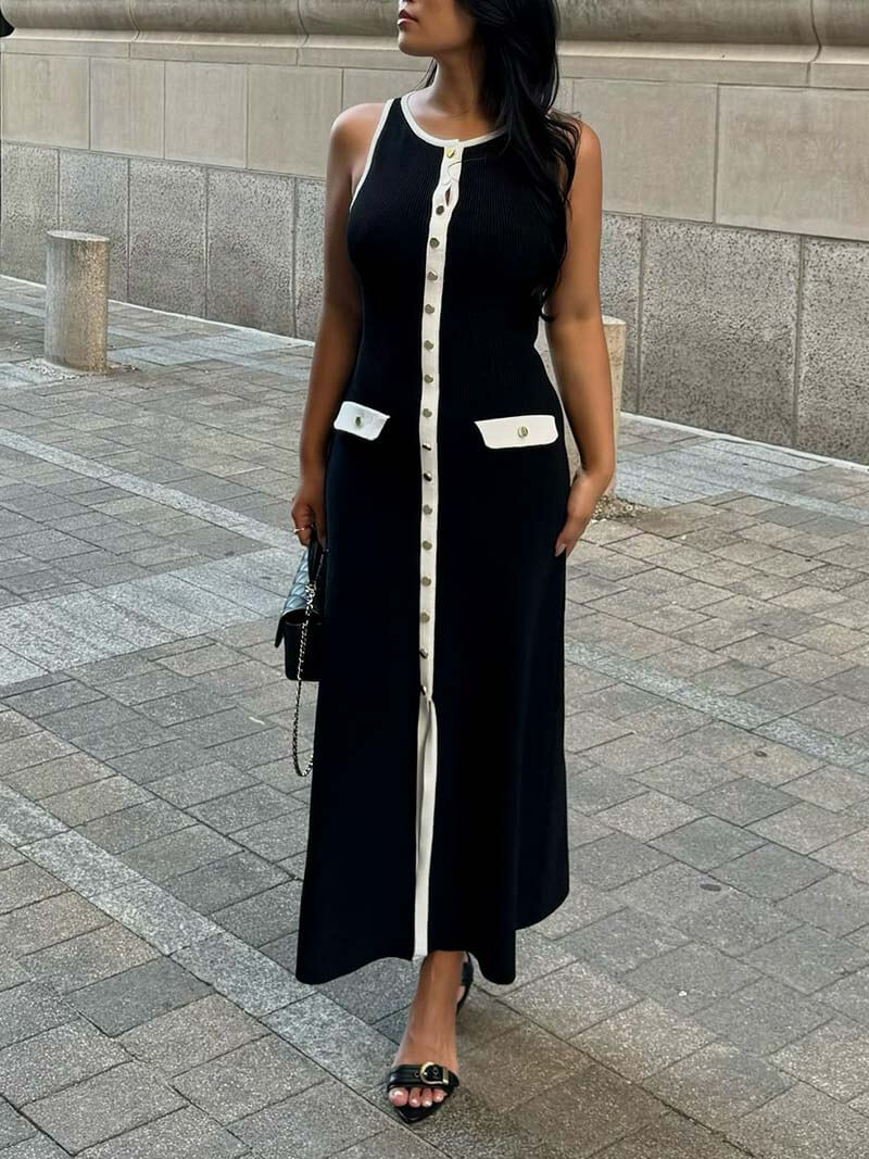 Strickkleid mit Knopfleiste | Ärmellos | Figurbetonte Silhouette