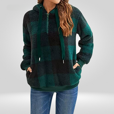 Damen Kapuzenpullover Mit Halbem Reißverschluss Und Karomuster | Strick