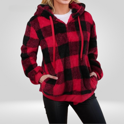 Damen Kapuzenpullover Mit Halbem Reißverschluss Und Karomuster | Strick