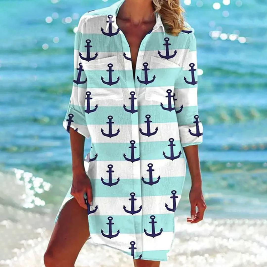 Valencia - Seaside Chic – Langärmliges Strandkleid mit nautischem Print | Ocean Dream Leichtes Strand-Überkleid mit Knopfleiste