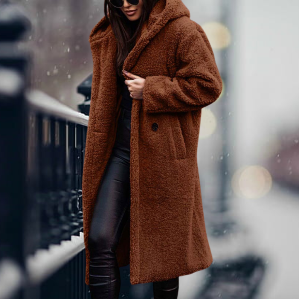 Damen Teddy-Mantel mit Kapuze – Langer, kuscheliger Wintermantel für kalte Tage, ideal für elegante Freizeitlooks