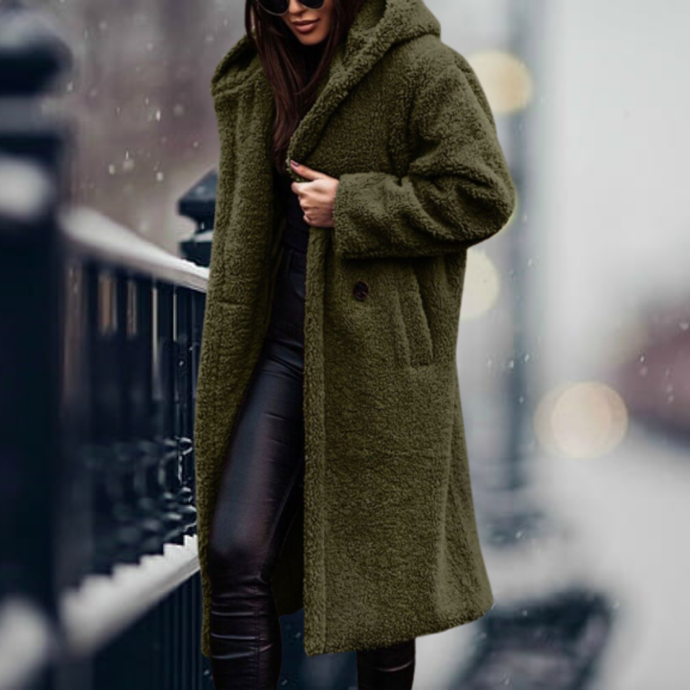 Damen Teddy-Mantel mit Kapuze – Langer, kuscheliger Wintermantel für kalte Tage, ideal für elegante Freizeitlooks