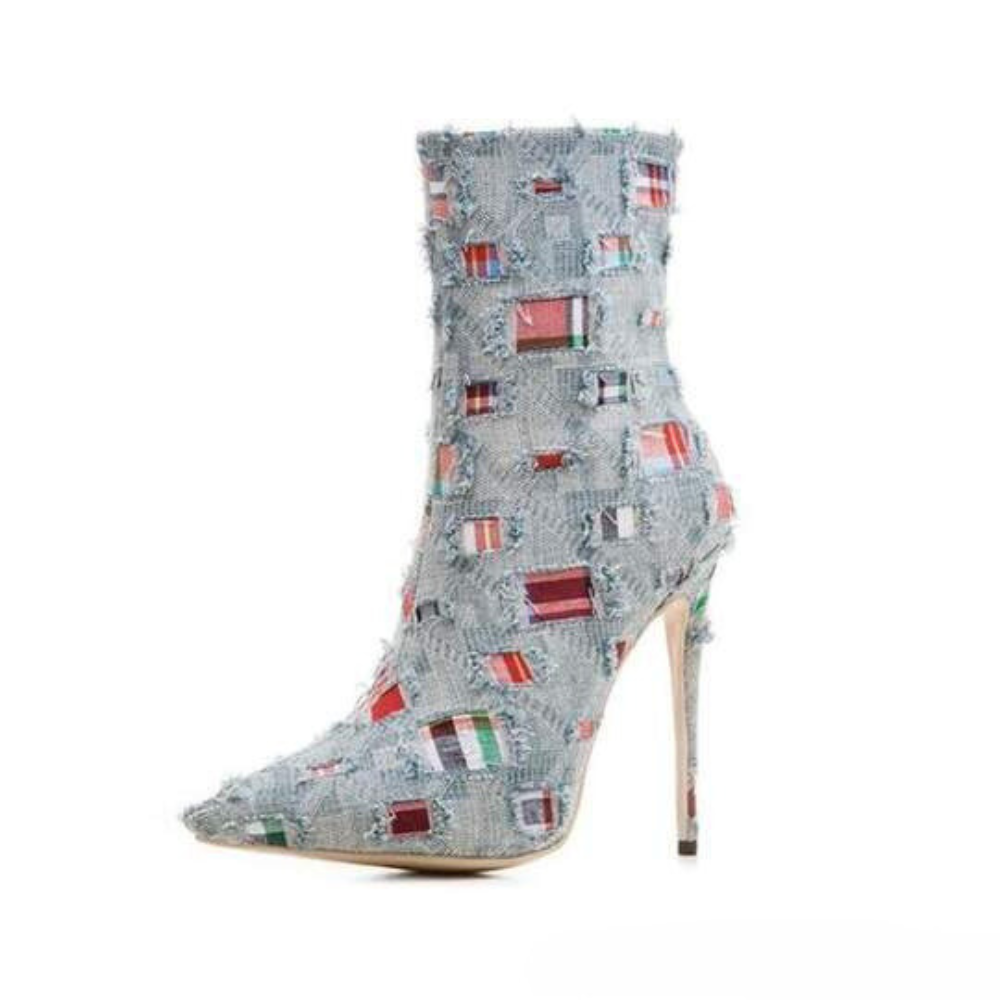 Damen-Stiefeletten mit Patchwork-Design und Stilettoabsatz – Stylische High-Heel-Boots für den besonderen Look