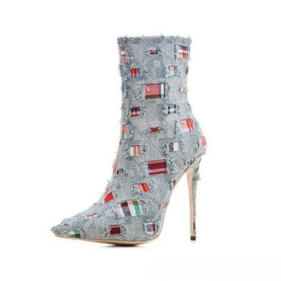 Damen-Stiefeletten mit Patchwork-Design und Stilettoabsatz – Stylische High-Heel-Boots für den besonderen Look