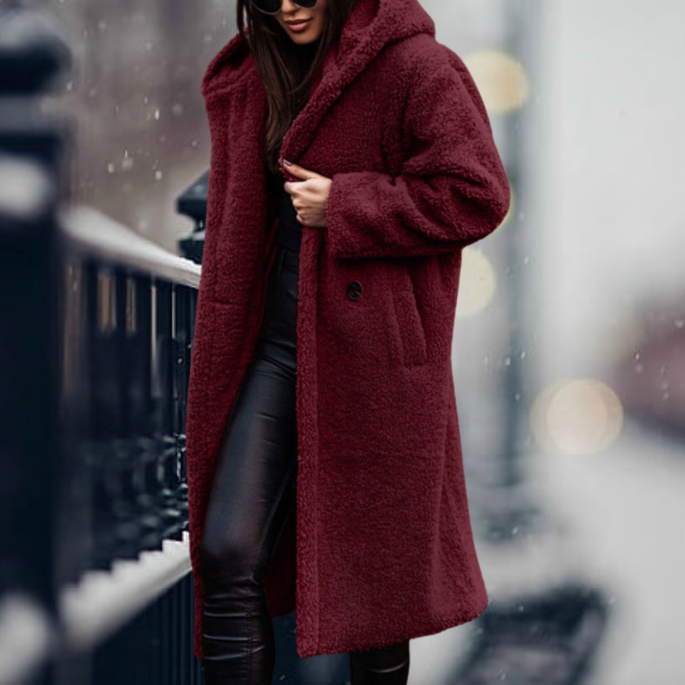Damen Teddy-Mantel mit Kapuze – Langer, kuscheliger Wintermantel für kalte Tage, ideal für elegante Freizeitlooks