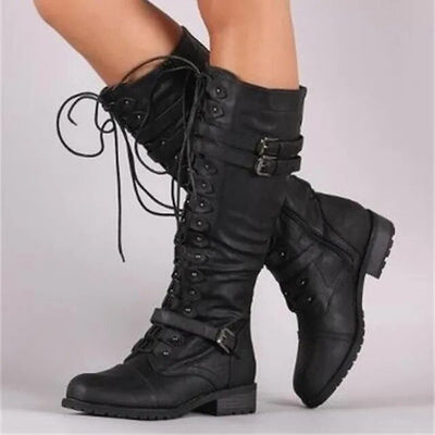 Damen Schnürstiefel Flach Vintage mit Schnallen im Steampunk-Stil
