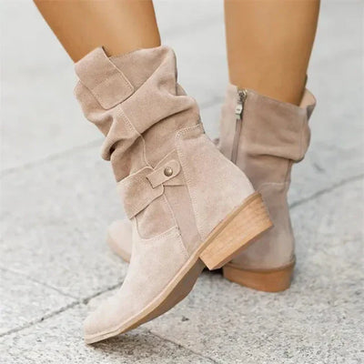 Damen Stiefeletten aus Wildleder mit Schnallen-Details und flachem Absatz – Stilvolle Herbst- und Winterboots