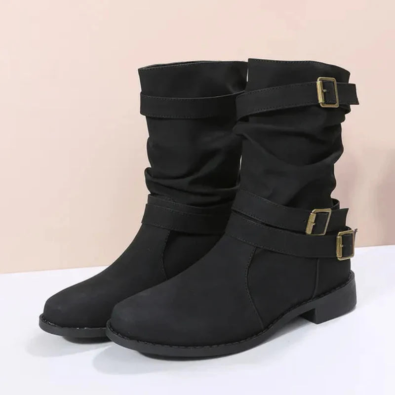 Damen Dirndl Schuhe | Mittelhohe Stiefel Mit Schnallenriemen