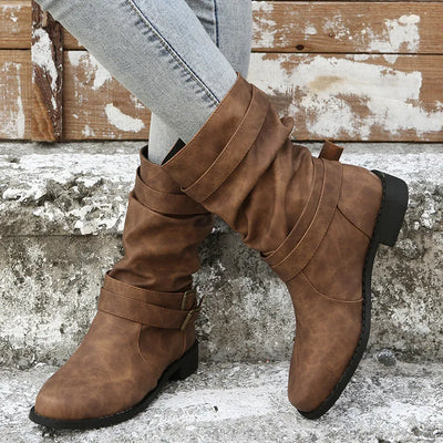 Damen Dirndl Schuhe | Mittelhohe Stiefel Mit Schnallenriemen