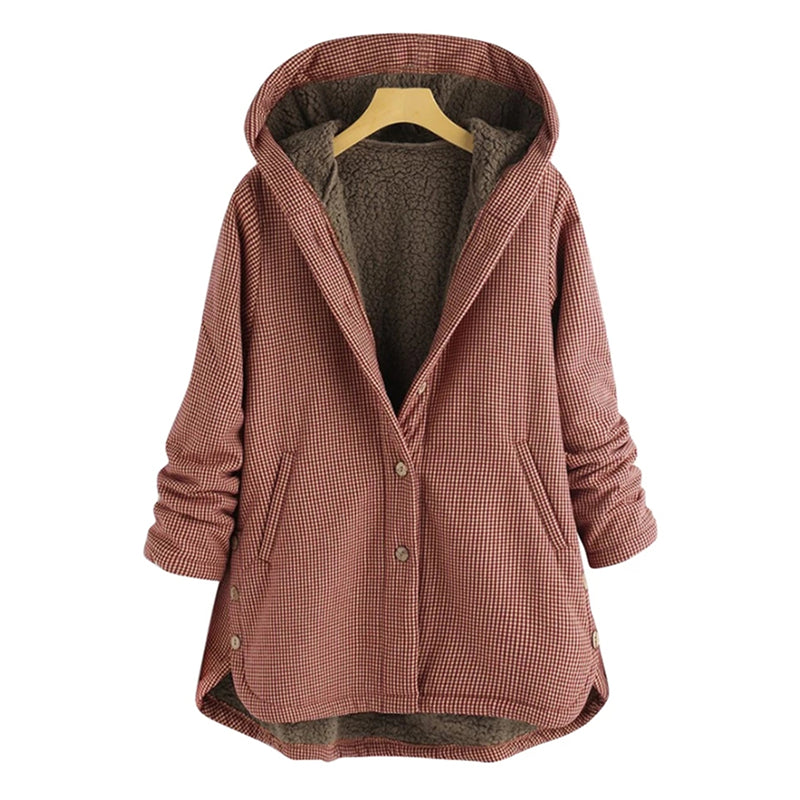 Damen Kapuzenjacke im Karo-Look – Warme Winterjacke mit Plüschfutter und Knopfleiste