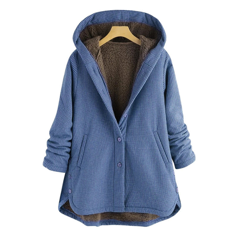 Damen Kapuzenjacke im Karo-Look – Warme Winterjacke mit Plüschfutter und Knopfleiste