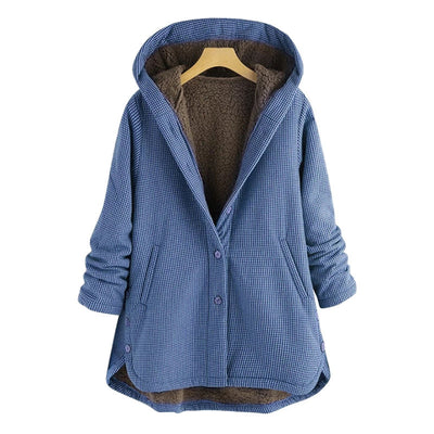 Damen Kapuzenjacke im Karo-Look – Warme Winterjacke mit Plüschfutter und Knopfleiste