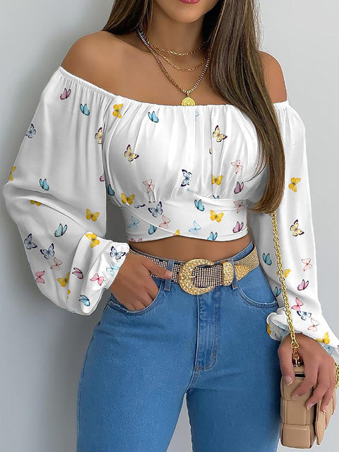 Cropped Bluse mit Carmen-Ausschnitt | Lange Puffärmel | Elegant und feminin