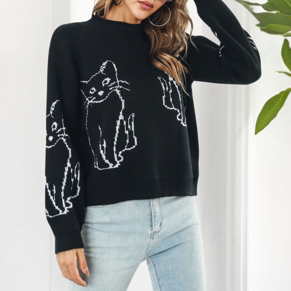 Verspielter Strickpullover | Katzenmotiv | Lässige Passform