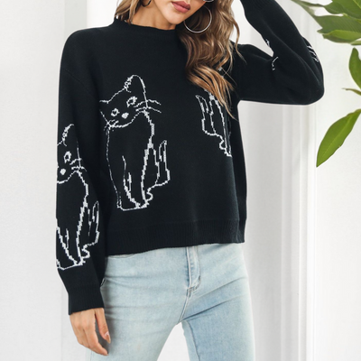 Verspielter Strickpullover | Katzenmotiv | Lässige Passform