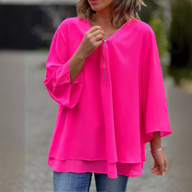 Elegantes Damen Chiffon-Top mit V-Ausschnitt und Reißverschluss
