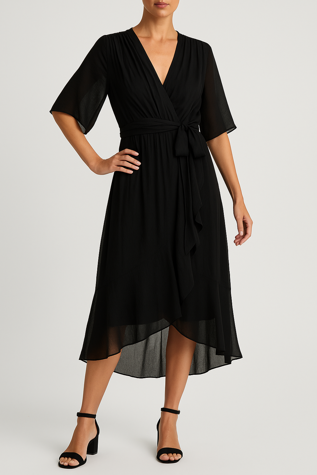 Yalina – Leichtes V-Ausschnitt Wickelkleid mit Asymmetrischem Saum