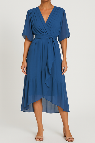 Yalina – Leichtes V-Ausschnitt Wickelkleid mit Asymmetrischem Saum