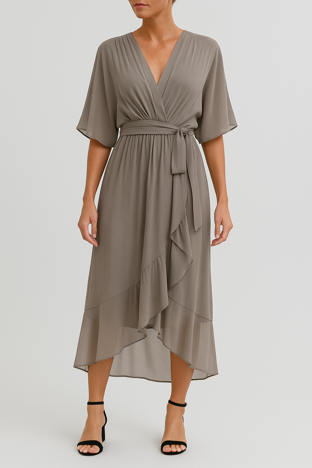 Yalina – Leichtes V-Ausschnitt Wickelkleid mit Asymmetrischem Saum