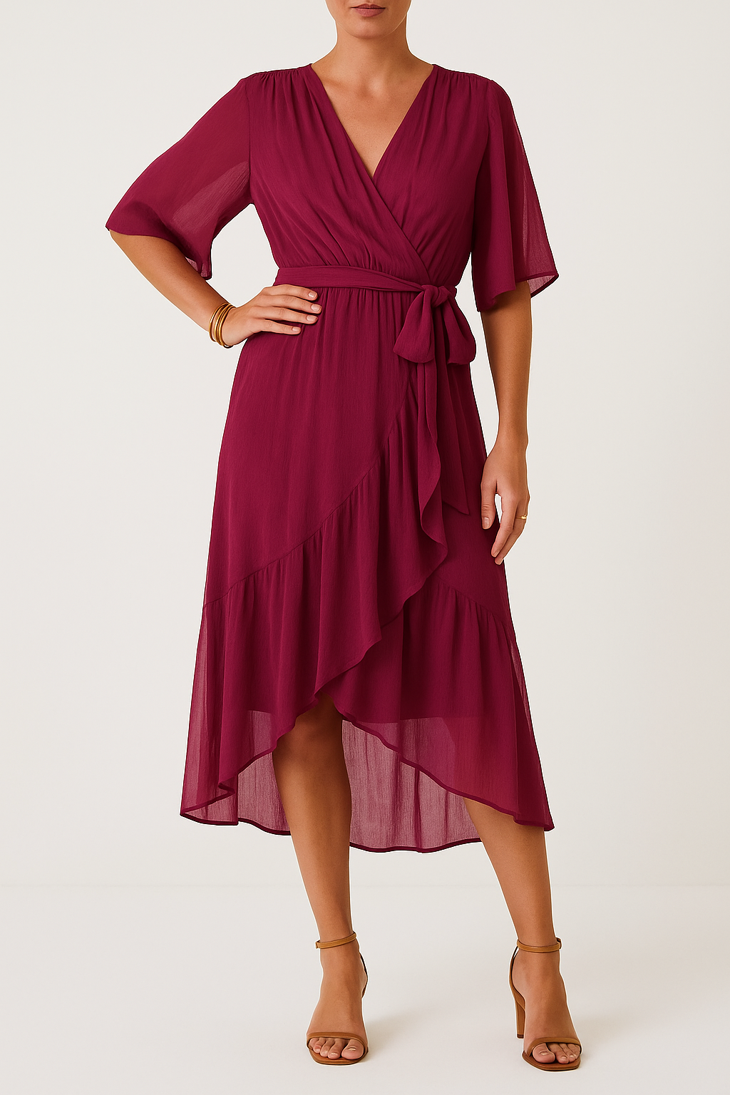 Yalina – Leichtes V-Ausschnitt Wickelkleid mit Asymmetrischem Saum