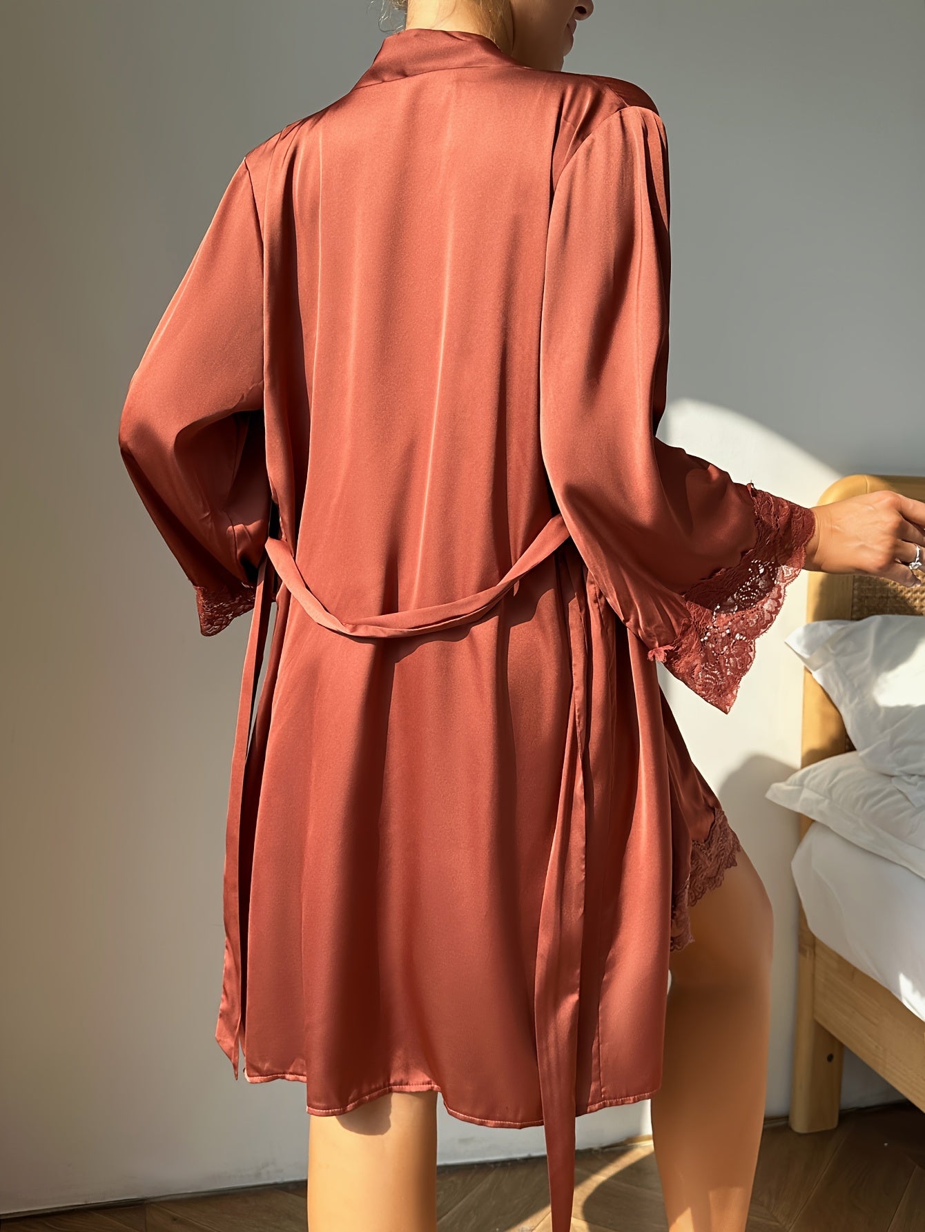 Bequemes Spitzenbesatz Robe Und Dehnbarer Taillenbund Schlafkleid Pyjama Set Für Damen | Perfekt für Casual Days