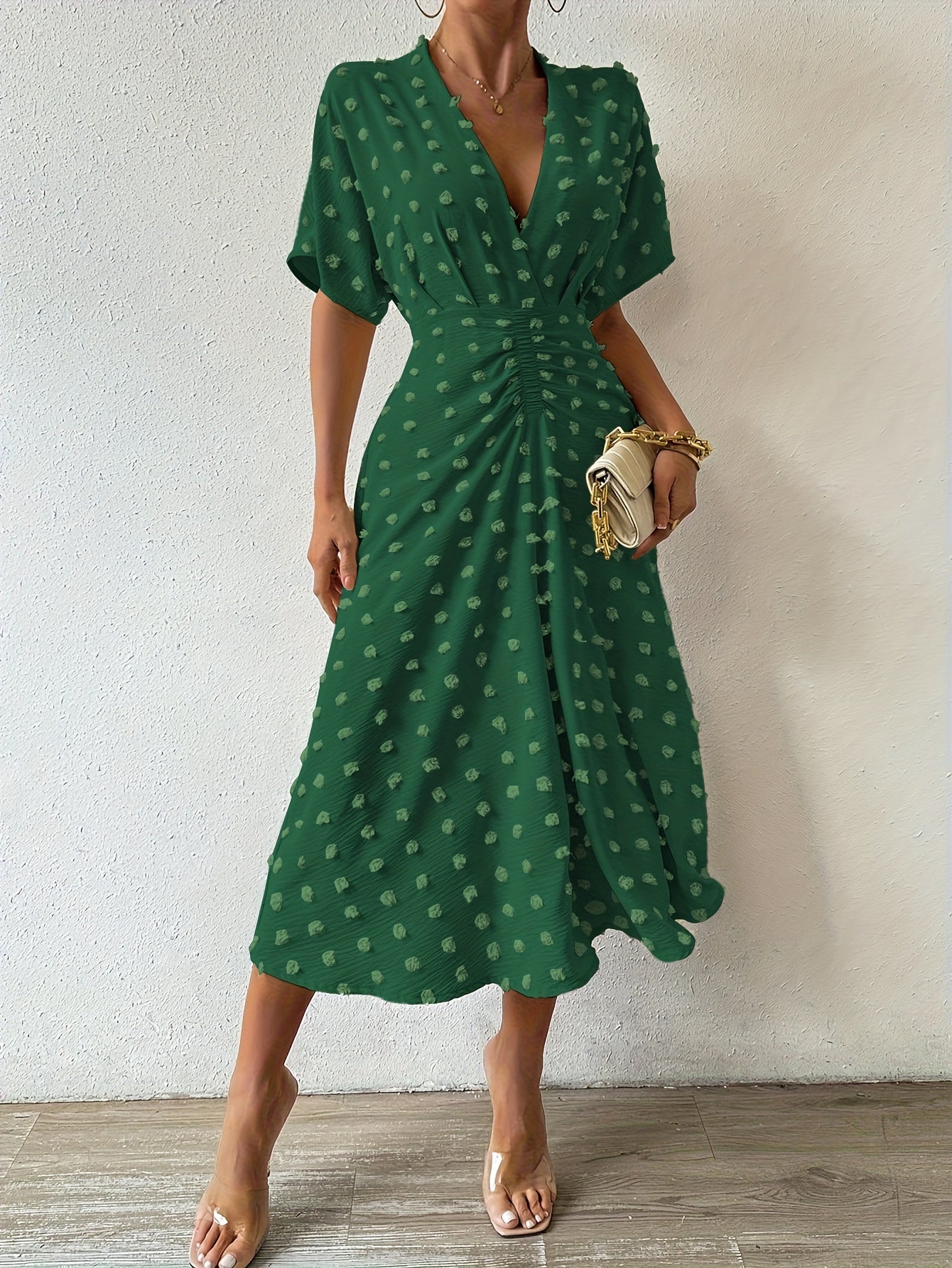 Stilvolles Schweizer Punkt Gerafft Gefaltet Tiefes Dekolleté Kurzarm Midi Formelles Kleid Für Damen | Für formelle Anlässe