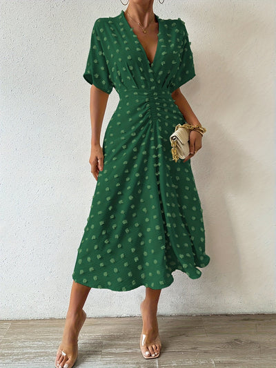 Stilvolles Schweizer Punkt Gerafft Gefaltet Tiefes Dekolleté Kurzarm Midi Formelles Kleid Für Damen | Für formelle Anlässe