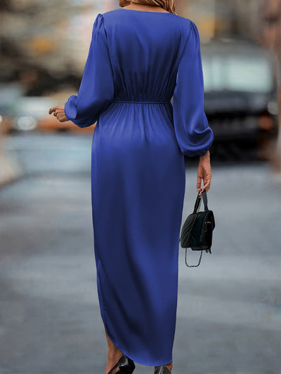 Stylisches Seidiges Rüschierter Taillierter Wickel Surplice-Ausschnittformelles Kleid Für Damen | Für formelle Anlässe