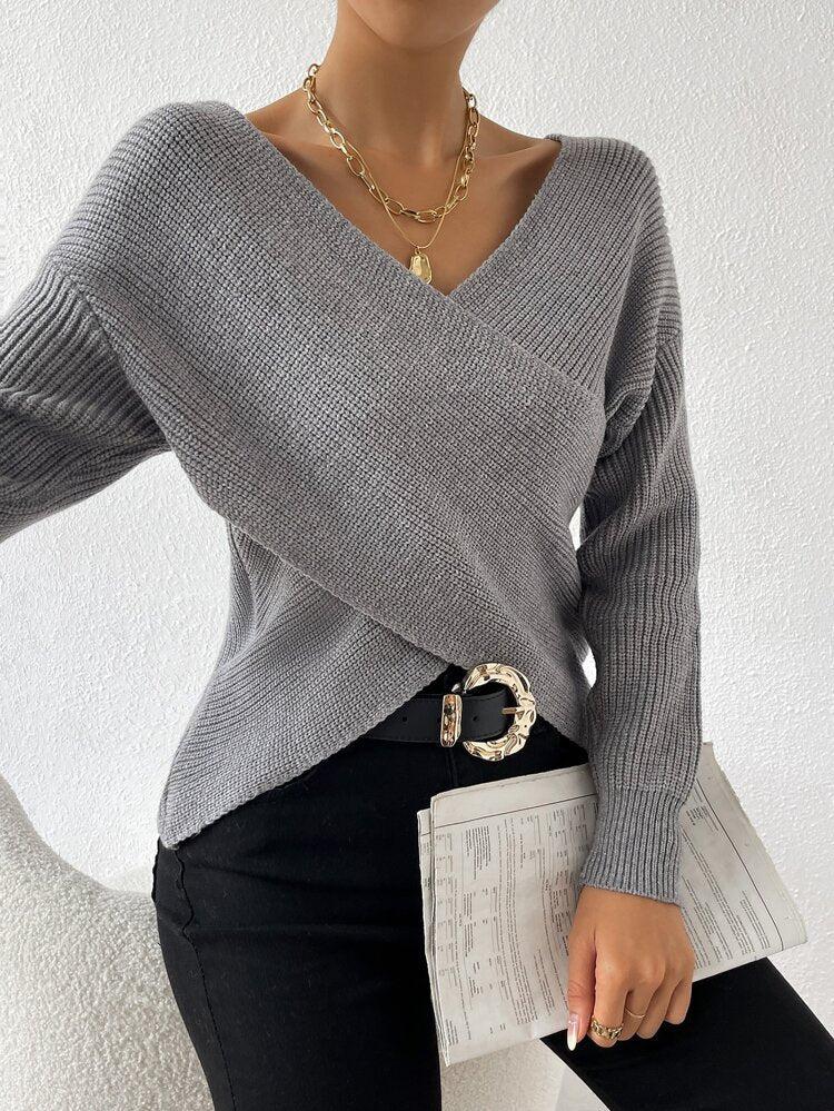 Strickpullover mit Wickeloptik | V-Ausschnitt | Strukturierte Eleganz