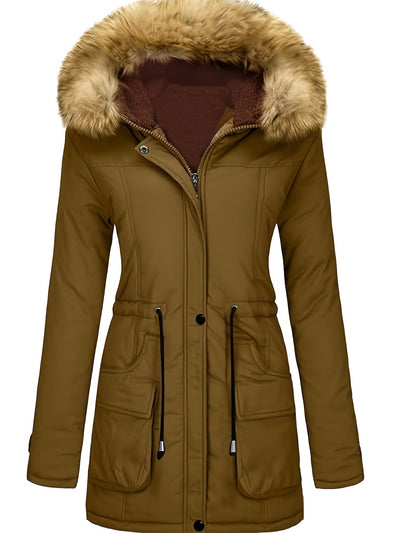 Fleece-Parka-Winterjacke mit veganer Fell-Kapuze für Damen, lässig | Perfekt für den Winter