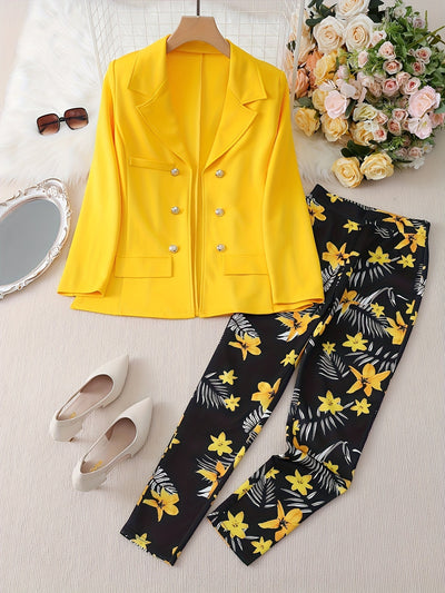 Eleganter Blumenmuster Hose Und Eintöniger Blazer Set Für Damen | Ideal für jeden Anlass