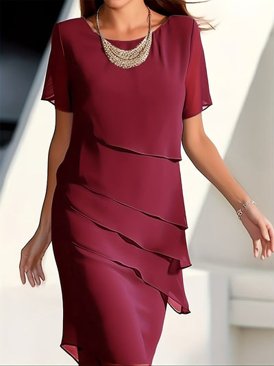 Stylisches Unifarben Geschichtetes Besatz Rundhals Kurzarmformelles Kleid Für Damen | Für formelle Anlässe
