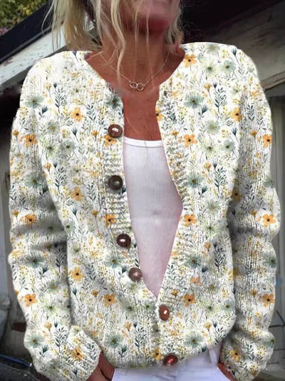 Strickjacke Damen Blumenmuster Elegant | Rundhals Knopfleiste