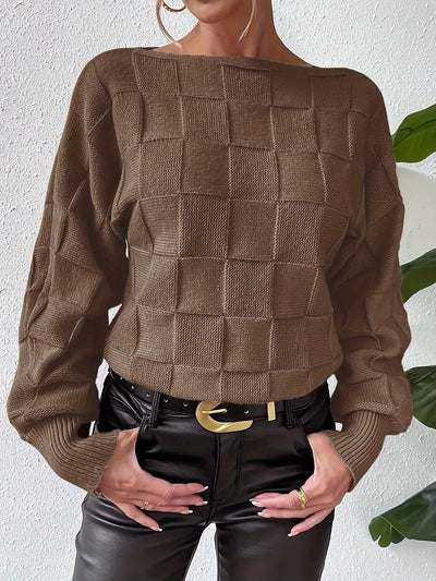 Lässiger Baumwollpullover mit Bootsausschnitt und karierten langen Ärmeln für Damen | Perfekt für lässige Tage