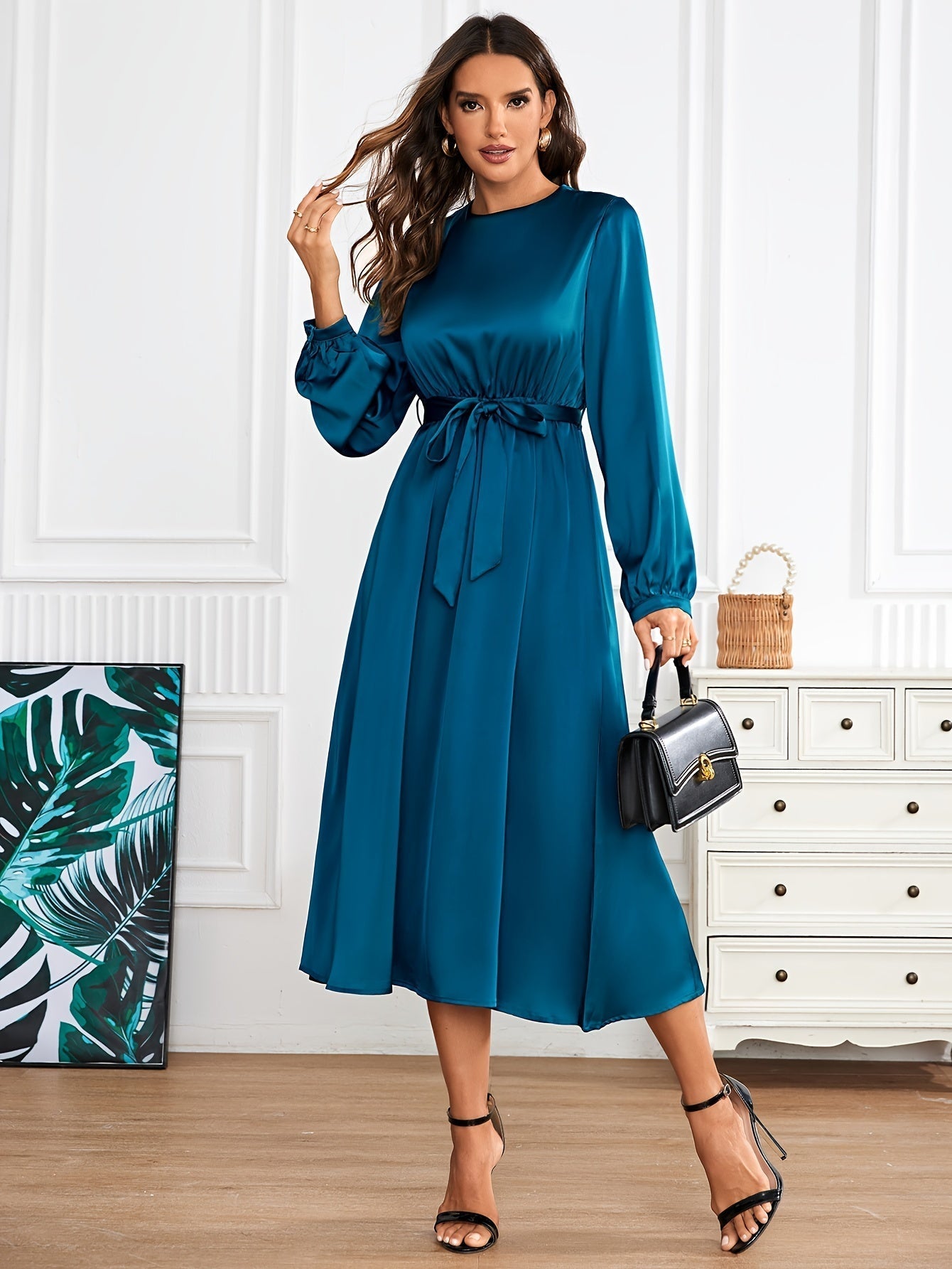 Casual Satin Rundhals Mit Gürtel In Der Taille A-Linie Langarm Formelles Kleid Für Damen | Für formelle Anlässe