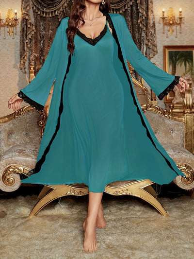 Elegantes Langärmliges Robe Mit Gürtel & V-Ausschnitt Slip Kleid Pyjama Set Für Damen | Ideal für den Alltag