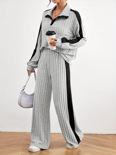 Stilvolles Oberteil Mit Überschnittenen Schultern Pullover & Weitgeschnittene Jogginghose Outfit Für Damen | Ideal für Herbst/Winter