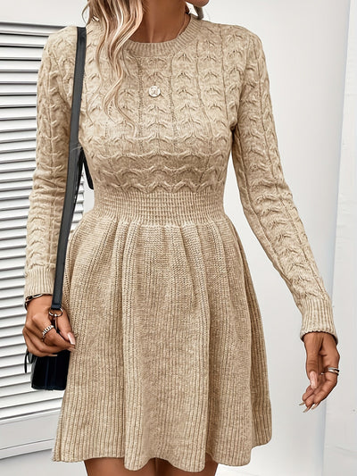 Casual Einfarbiges Kabelstrick Geraffte Taille Rüschen Saum Langarm Formelles Kleid Für Damen | Für formelle Anlässe