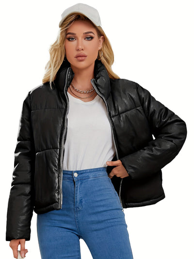 Elegante Kurze Vegane Leder Puffer Winterjacke für Damen | Ideal für Winter
