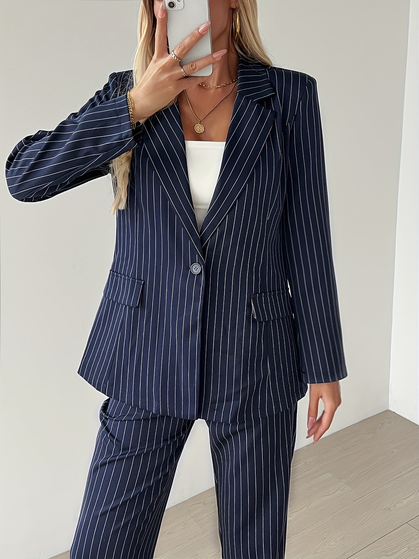Elegantes Gestreiftes Knopfleiste Langarm-Blazer & High Waist Gerade-Hosen Outfit-Set Für Damen | Perfekt für formelle Anlässe