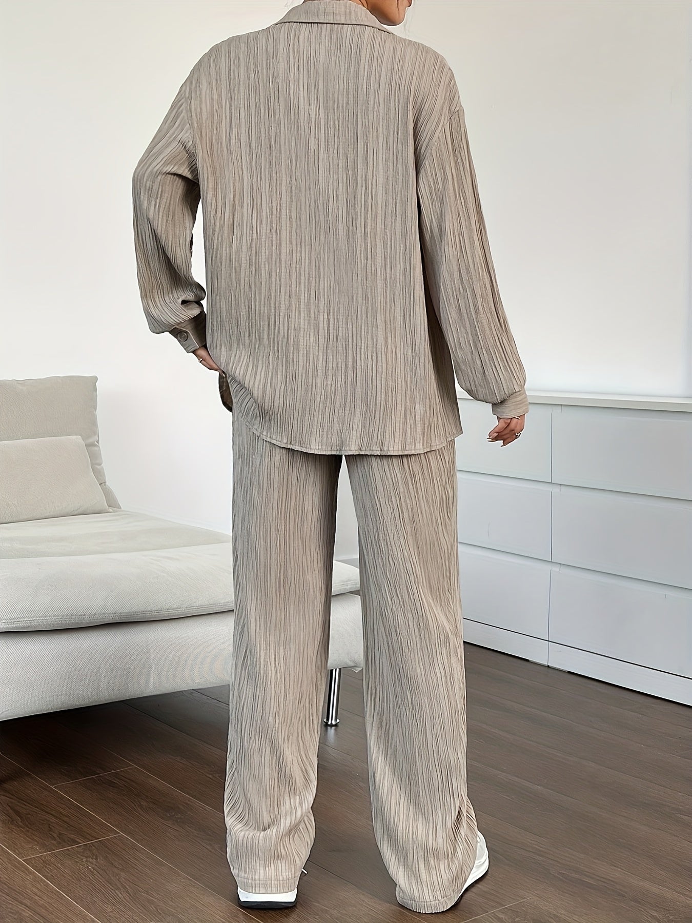 Bluse Mit Knopfleiste, Langarm & Elastische Taillenhose Outfit Set Für Damen | Ideal Für Herbst/Winter