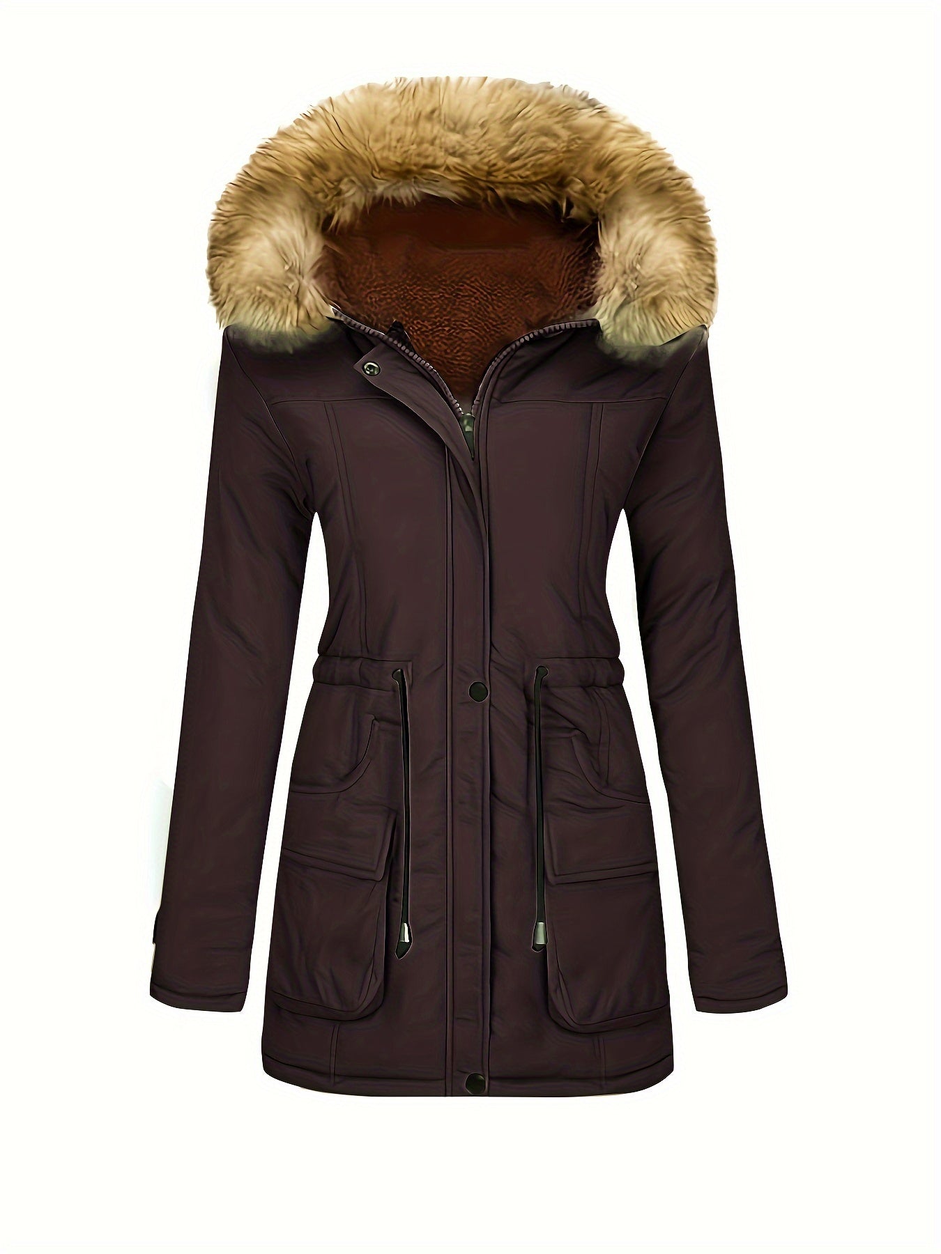 Fleece-Parka-Winterjacke mit veganer Fell-Kapuze für Damen, lässig | Perfekt für den Winter