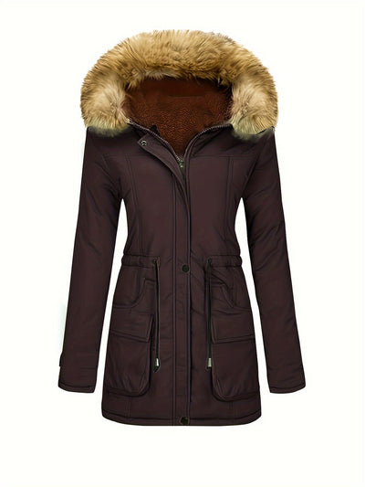 Fleece-Parka-Winterjacke mit veganer Fell-Kapuze für Damen, lässig | Perfekt für den Winter