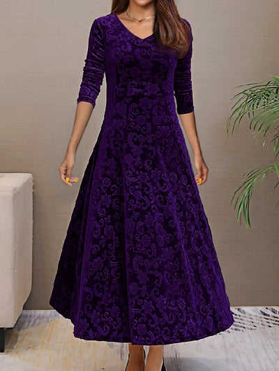 Elegantes V-Ausschnitt Langarm Blumenmusterformelles Kleid Für Damen | Für formelle Anlässe