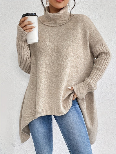 Lässiger Baumwollpullover mit asymmetrischem Saum und Rollkragen für Damen | Perfekt für Alltagstrage