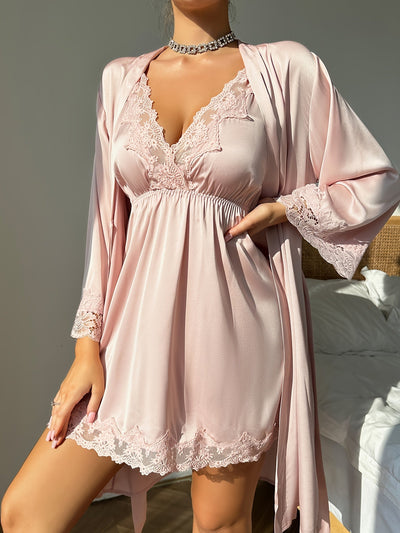 Bequemes Spitzenbesatz Robe Und Dehnbarer Taillenbund Schlafkleid Pyjama Set Für Damen | Perfekt für Casual Days