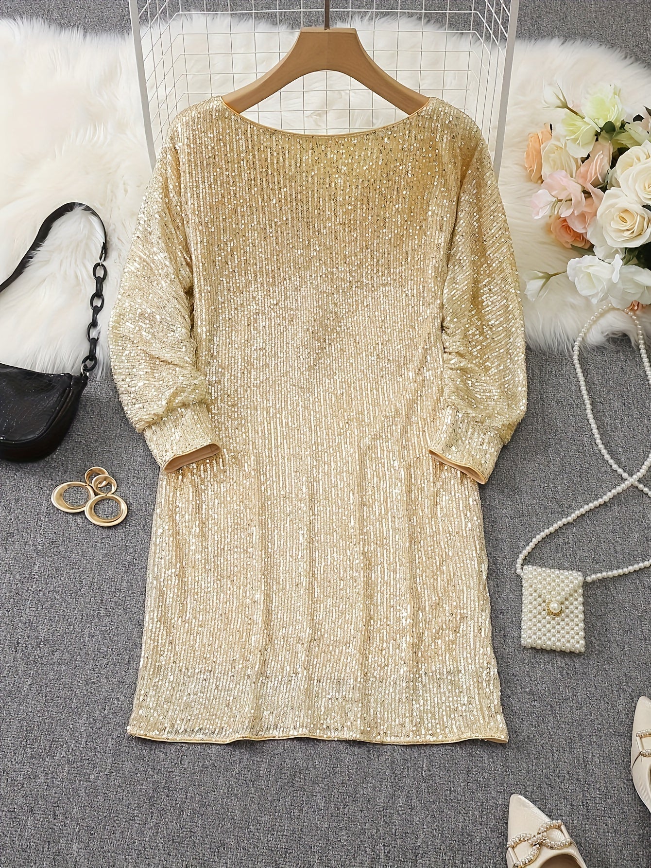 Casual Kontrast Pailletten V-Ausschnitt Langarm Party Trage Formelles Kleid Für Damen | Für formelle Anlässe