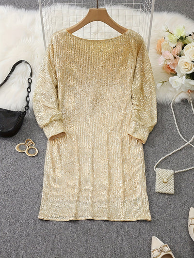 Casual Kontrast Pailletten V-Ausschnitt Langarm Party Trage Formelles Kleid Für Damen | Für formelle Anlässe