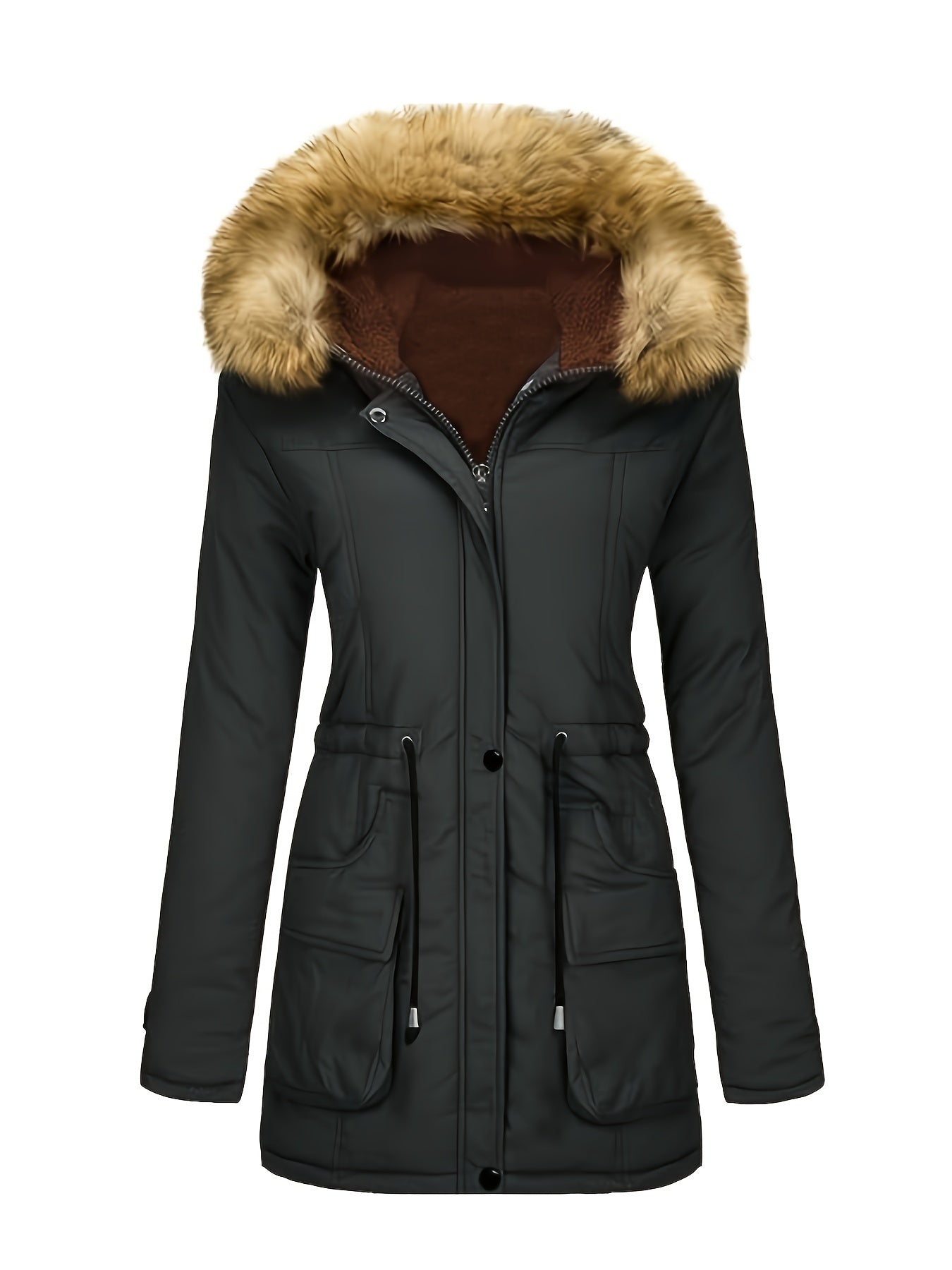 Fleece-Parka-Winterjacke mit veganer Fell-Kapuze für Damen, lässig | Perfekt für den Winter